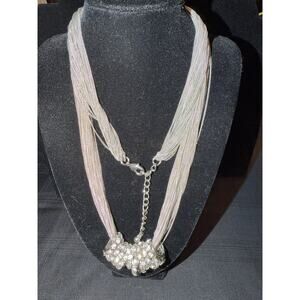 Multi-Strand Statement Necklace silver-toned chains crystal rings 36” boho glam